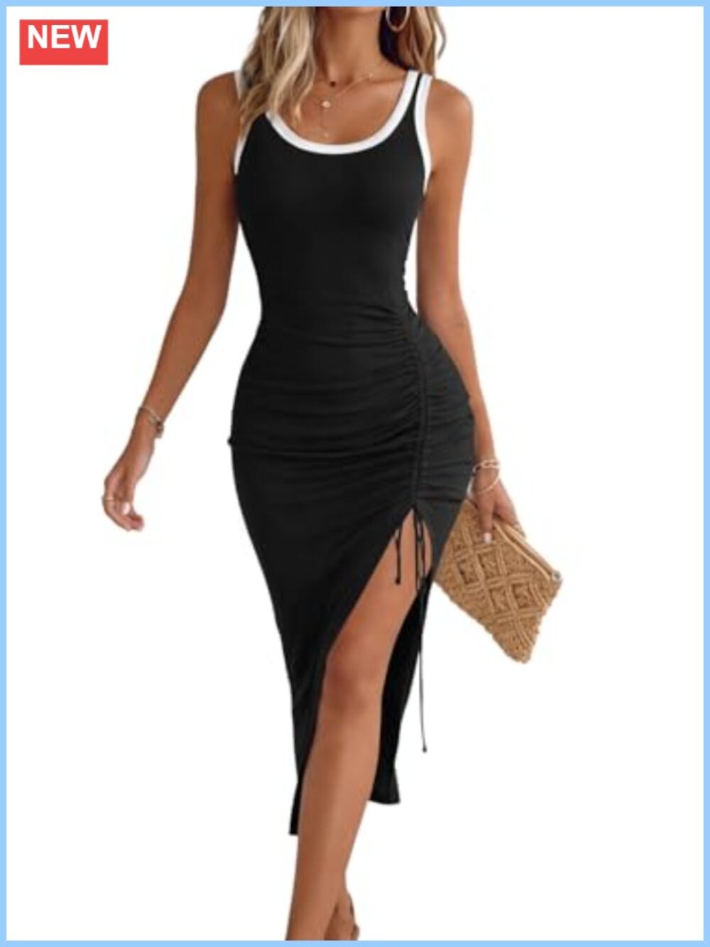 Sleeveless Ribbed Midi Tank Dress Side Slit Ruched Bodycon Club Party